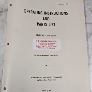 Powermatic Operator Instruction Manual & Parts List Model 35 Disc Sander 1960