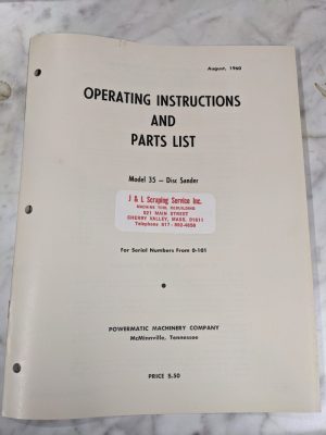 Powermatic Operator Instruction Manual & Parts List Model 35 Disc Sander 1960
