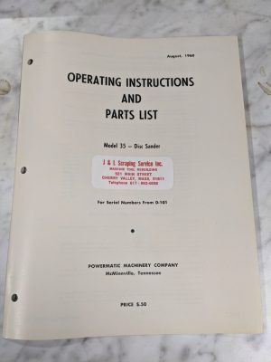 Powermatic Operator Instruction Manual & Parts List Model 35 Disc Sander 0-101