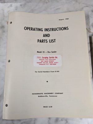 Powermatic Operator Instruction Manual & Parts List Model 35 Disc Sander Shop