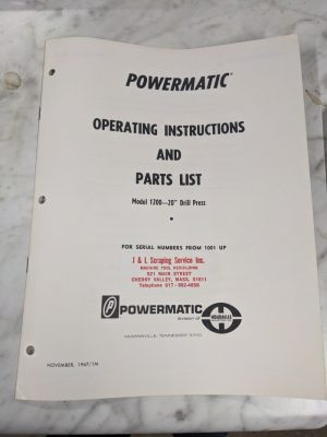 Powermatic Operator Instruction Manual Parts List Model 1200 20 Drill Press 1967