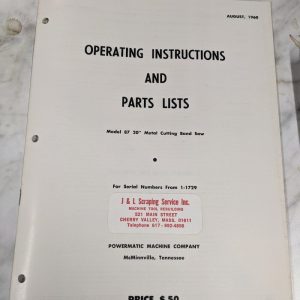 Powermatic Operator Instruction Manual & Parts List Model 87 20” Band Saw 1-1729