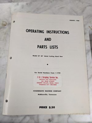 Powermatic Operator Instruction Manual & Parts List Model 87 20” Band Saw 1-1729