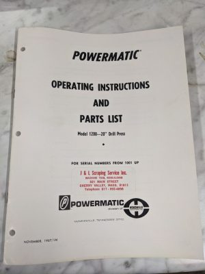 Powermatic Operator Instruction Manual Parts List Book Model 1200 20 Drill Press