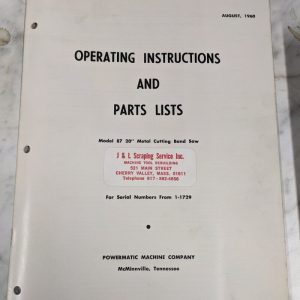Powermatic Operator Instruction Manual Parts Catalog Model 87 20” Band Saw