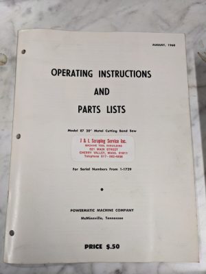 Powermatic Operator Instruction Manual Parts Catalog Model 87 20” Band Saw