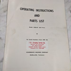 Powermatic Operator Manual Parts List Catalog Model 1200 - 20” Drill Press 1001