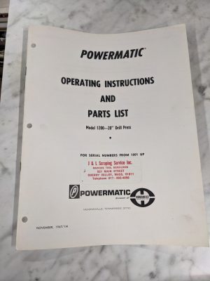 Powermatic Operator Instruction Manual Parts Book Model 1200 20” Drill Press