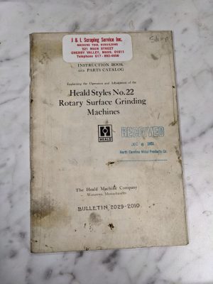 Heald #22 Rotary Surface Grinding Machine Operator Service Manual Parts List