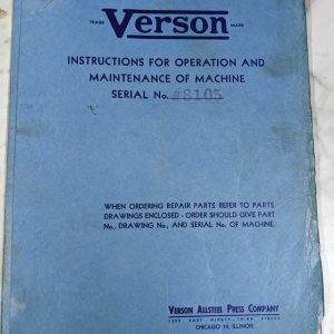 Verson Operator Service Manual Parts List Book 20 200 Press Brake Machine 1948