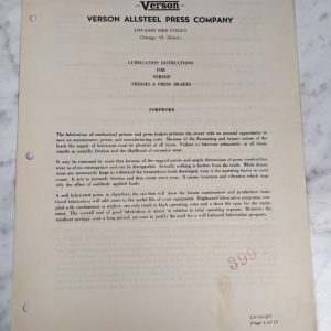 Verson Lubrication Service Manual Presses & Press Brakes Machine Shop Tool Room