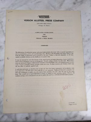 Verson Lubrication Service Manual Presses & Press Brakes Machine Shop Tool Room