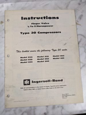 Ingersoll Rand Type 30 0.75-5Hp Air Compressor Instruction Operator Manual 1963