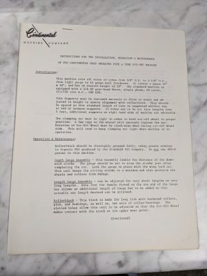 Continental Machine Instruction Operator Service Manual 1H Pipe Tube Cut Off