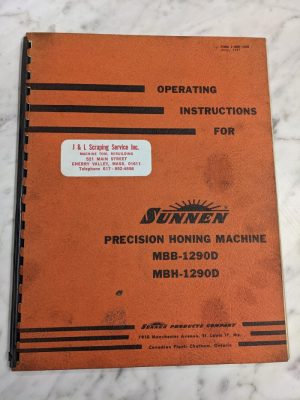 Sunnen Precision Honing Machine Operator Service Manual 1957 Mbb Mbh -1290D