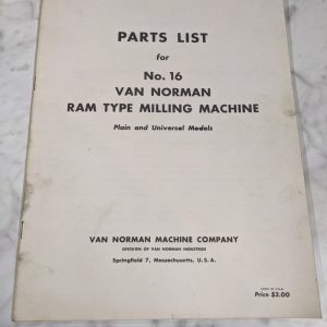 Van Norman Machine #16 Milling Service Parts List Book Manual Catalog Shop Tool