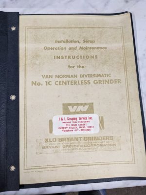 Van Norman Operator Service Manual 1C Centerless Grinder Machine Parts List Book