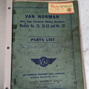 Van Norman Service Parts List Book Catalog Manual #26 Su 36 Milling Machine Shop
