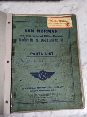 Van Norman Service Parts List Book Catalog Manual #26 Su 36 Milling Machine Shop
