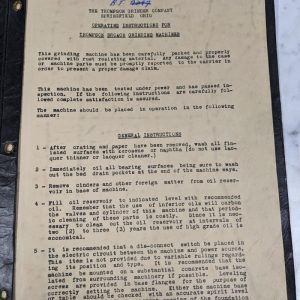 Thompson Broach Grinding Machine Operator Instruction Manual Book 6X48” Shop