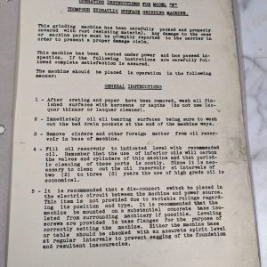 Thompson Surface Grinder Machine Operator Service Manual Parts List Book Model F