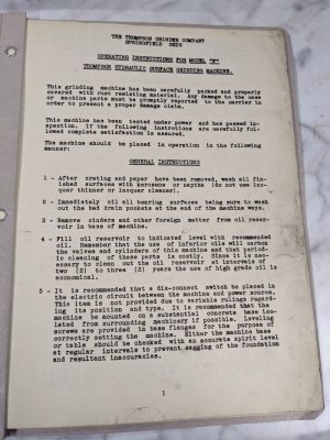 Thompson Surface Grinder Machine Operator Service Manual Parts List Book Model F