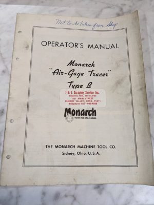 Monarch Operator Controls Manual Air-Gage Type B Tracer Lathe Turning 1959 Mach