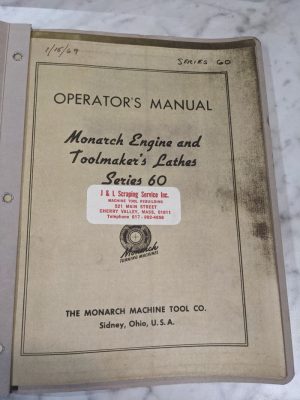 Monarch Operator Manual Service Parts List Book Engine Lathe 60 Series Toolmaker