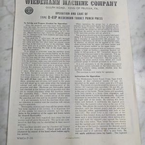 Wiedmann Machine Operation Maintenance Manual Type R-41P Turret Punch Press