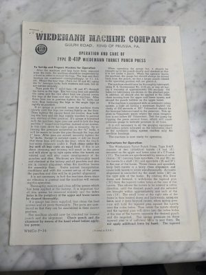 Wiedmann Machine Operation Maintenance Manual Type R-41P Turret Punch Press