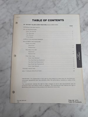 Ford Repair Service Manual 26" Rptary Tiller Attachment 09Gn 3639 1984 Yard Yt