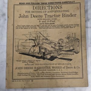 John Deere Operator Setup Directions Parts List Manual Tractor Binder 8 10' 1938