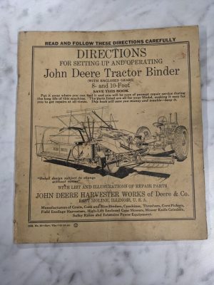 John Deere Operator Setup Directions Parts List Manual Tractor Binder 8 10' 1938