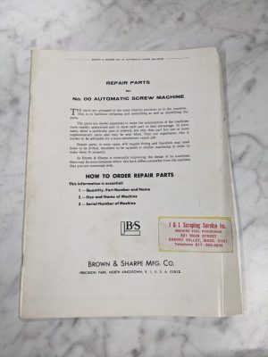 Brown & Sharpe Repair Parts List Manual Catalog #Oo 00 Auto Screw Machine