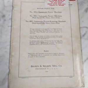 Brown & Sharpe Repair Parts List Manual Catalog #00G Auto Screw Machine 1947
