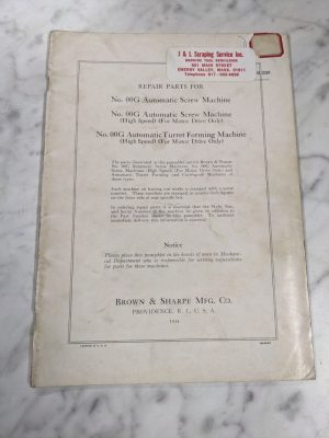 Brown & Sharpe Repair Parts List Manual Catalog #00G Auto Screw Machine 1947