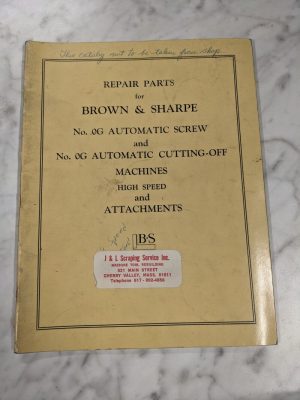 Brown & Sharpe Repair Parts List Manual Catalog #0G Auto Screw Machine 1953