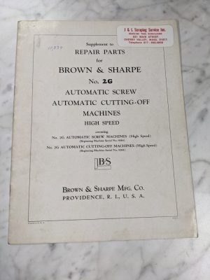 Brown & Sharpe Supplement Repair Parts List Manual #2G Auto Screw Machine 1942