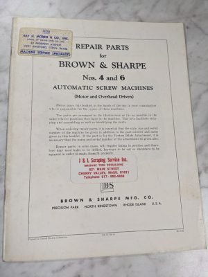 Brown & Sharpe Repair Parts List Manual Catalog #4 6 Auto Screw Machine 1962