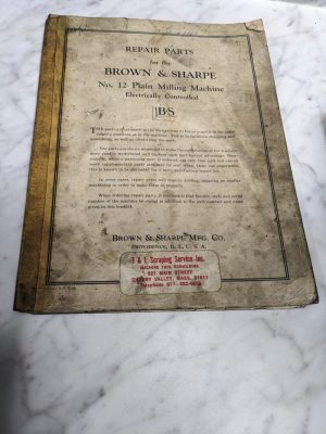 Brown & Sharpe Repair Parts List Manual Catalog #12 Plain Milling Machine 1943