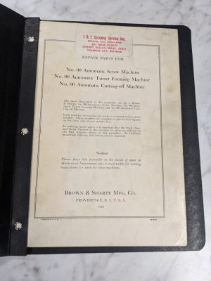Brown & Sharpe Repair Parts List Manual Catalog #00 Auto Screw Turret 1947 Mach