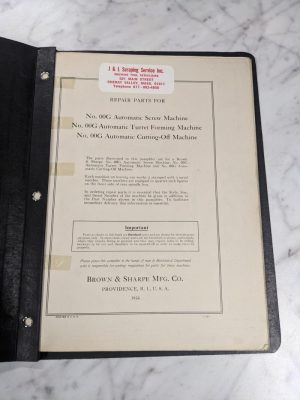Brown & Sharpe Repair Parts List Manual Catalog #00G Auto Screw Turret 1942 Mach
