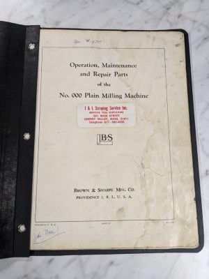 Brown & Sharpe Parts List Operator Manual #000 Plain Milling Machine 1951