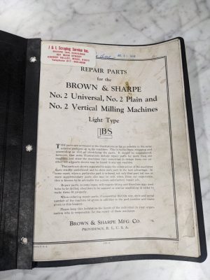 Brown & Sharpe Repair Parts List Manual Catalog #2 Universal/Plain Milling Mach
