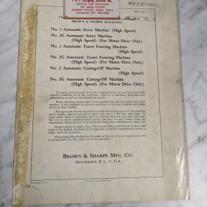 Brown & Sharpe Repair Parts List Manual Catalog #2 2G Auto Screw Turret Machine