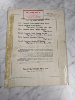 Brown & Sharpe Repair Parts List Manual Catalog #2 2G Auto Screw Turret Machine