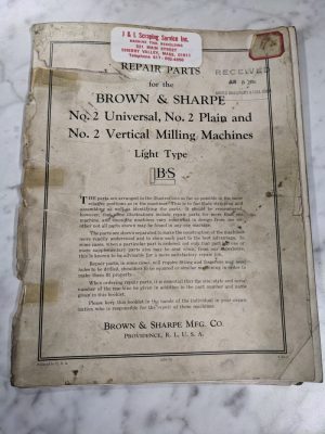 Brown & Sharpe Repair Parts List Manual Catalog #2 Milling Machines Light 1943
