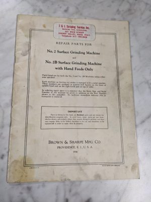 Brown & Sharpe Repair Part List Manual Catalog #2 2B Surface Grinding Machine