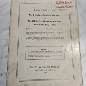 Brown & Sharpe Repair Part List Manual Catalog #2 #2B Surface Grinder Machine