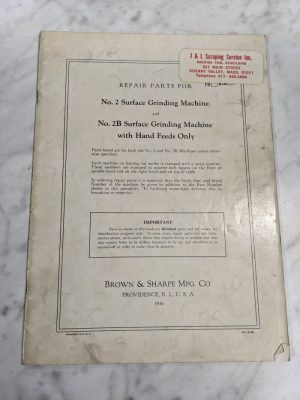 Brown & Sharpe Repair Part List Manual Catalog #2 #2B Surface Grinder Machine